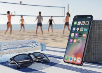 Black iPhone 16e leaning on speaker with empty left space.