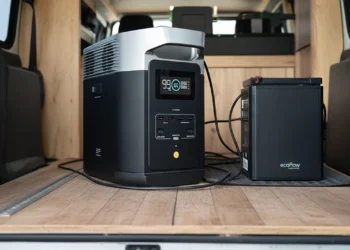 EcoFlow DELTA 2 and extra battery in a camper van.