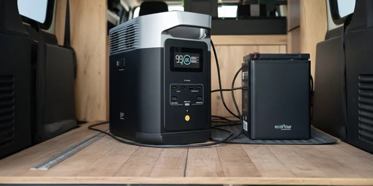EcoFlow DELTA 2 and extra battery in a camper van.