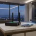 Hubitat C-8 Pro on a white marble table in a luxury modern living room with a smartphone app