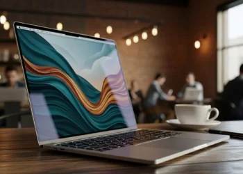 Close up of the MacBook Air M4 thermal reality showing the thin side profile on a wooden coffee shop table.