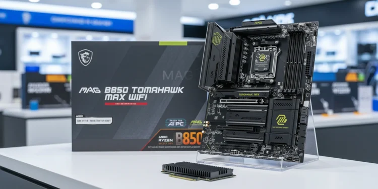 Motherboard hardware limits display the facts for the MSI MAG B850 TOMAHAWK featuring the system board retail packaging and a high speed SSD