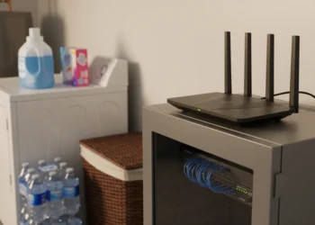 Aircove AX1800 VPN Wi-Fi Router on a professional rack cabinet in a residential laundry room.