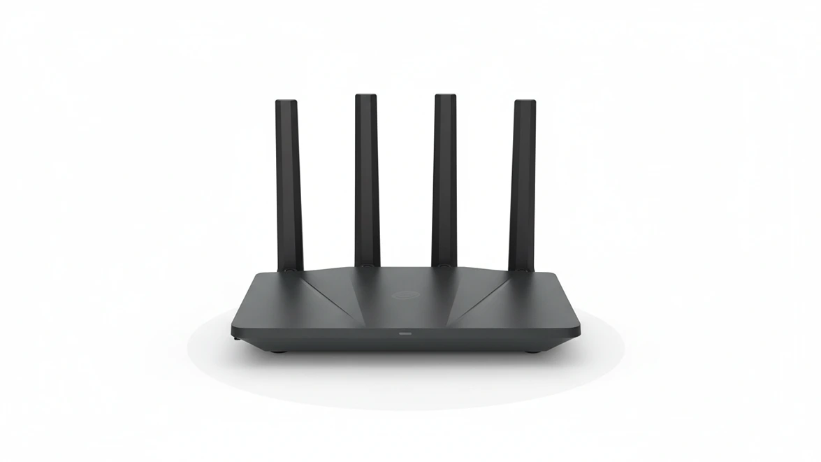 Aircove AX1800 VPN router hardware with four external antennas sits on a matte black surface.