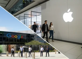 Clean diagonal split screen of a minimalist retail store and a tech campus with unique people and zero duplication representing the siri google partnership.