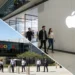 Clean diagonal split screen of a minimalist retail store and a tech campus with unique people and zero duplication representing the siri google partnership.