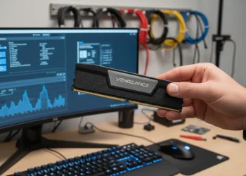 Hand holding a Corsair Vengeance DDR5 RAM stick in front of a computer monitor displaying performance graphs.