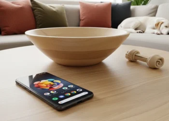 High angle close up of Google Pixel 10 Pro in Obsidian on a light wood coffee table next to a decorative bowl with a sleeping dog on a sofa in the background.