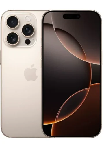 Renewed iPhone 16 Pro Desert Titanium front and back view highlighting the A18 Pro hardware and triple camera array.