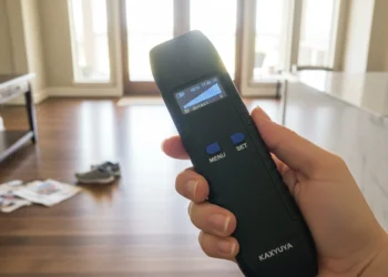 Hand holding a black anti spy scanner in a sunlit messy living room during a security sweep