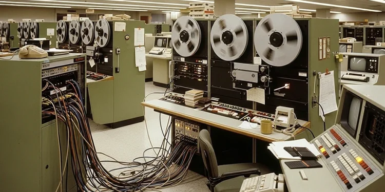 Vintage server room featuring a massive tangle of cables connecting a mainframe to a workstation, symbolizing outdated technology and hardware bottlenecks.