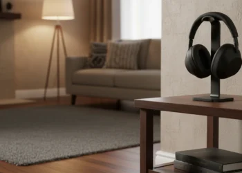 Black Sony wireless headphones on a minimalist stand atop a wooden side table in a warm living room.