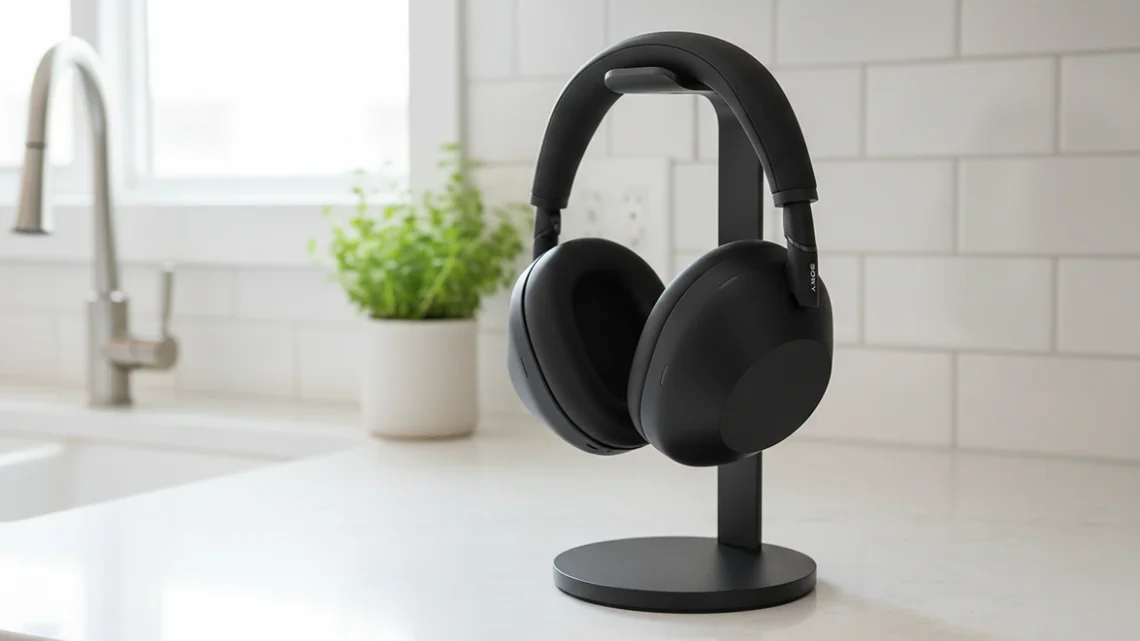Black Sony WH-1000XM6 wireless headphones on a minimalist stand positioned on a white kitchen countertop.