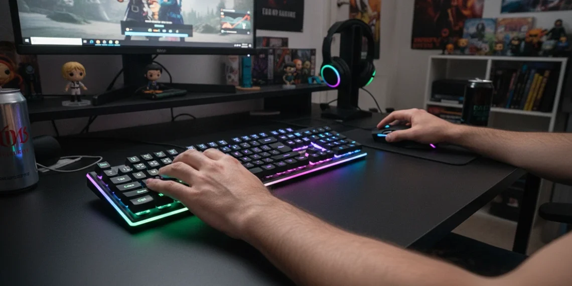 Rainbow RGB wireless keyboard and gaming mouse in use