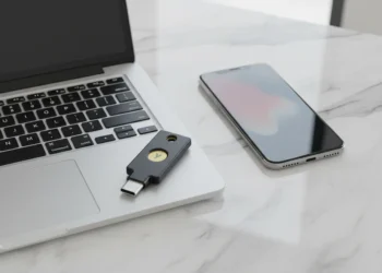 A black YubiKey 5C NFC hardware security key with a gold contact button sits on a wooden desk next to a laptop.