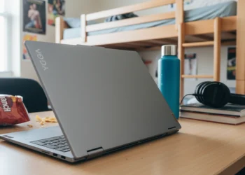 Gray Lenovo Yoga laptop on a student study desk with snacks and a water bottle.