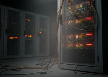A close-up view of a server rack in a dark data center, featuring glowing red and green LED lights and tangled yellow network cables spilling onto the floor.