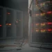 A close-up view of a server rack in a dark data center, featuring glowing red and green LED lights and tangled yellow network cables spilling onto the floor.