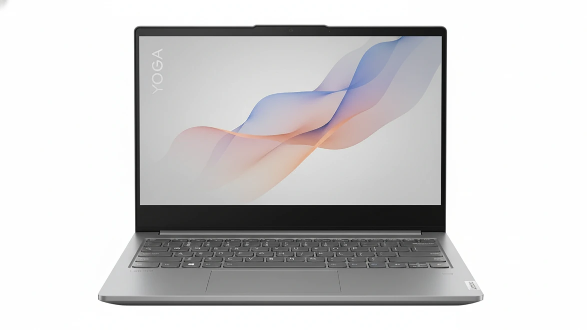Front view of an open silver Lenovo Yoga laptop showing the screen and keyboard.