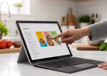 A person touching the screen of a Microsoft Surface Pro 11 while it sits on a clean kitchen counter.