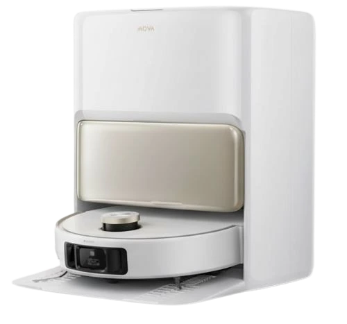 Mova V50 Ultra robot vacuum docked in its self-emptying station on a pure white background.