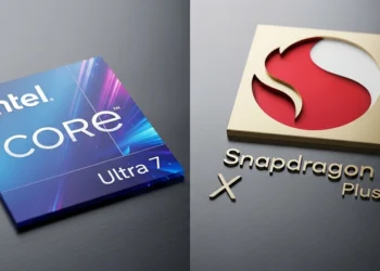 A side by side comparison of the Intel Core Ultra 7 processor and the Qualcomm Snapdragon X Plus chip logos.