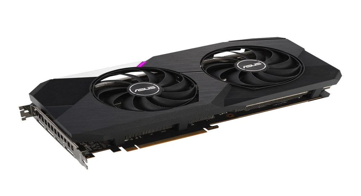 Asus RX 6700 XT graphics card angled on a desk with its retail box.
