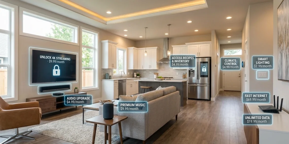 Subscription free alternatives shown in a modern smart home with devices that work without monthly fees.