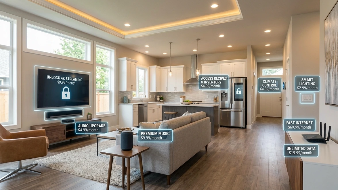 Subscription free alternatives shown in a modern smart home with devices that work without monthly fees.