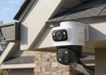 eufy S4 Max dual lens PoE security camera mounted on home exterior with wide angle and pan tilt coverage