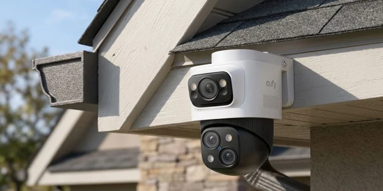 eufy S4 Max dual lens PoE security camera mounted on home exterior with wide angle and pan tilt coverage