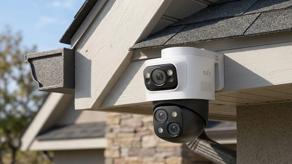 eufy S4 Max dual lens PoE security camera mounted on home exterior with wide angle and pan tilt coverage
