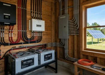 DIY off grid power system with inverter, lithium batteries and window view of solar panels in homestead shed