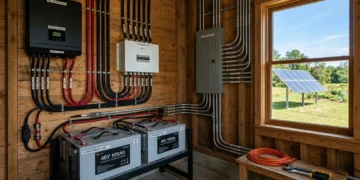 DIY off grid power system with inverter, lithium batteries and window view of solar panels in homestead shed