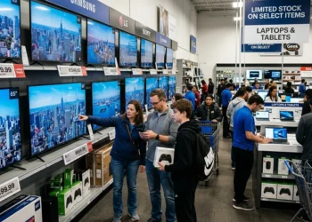 Shoppers comparing prices on new TVs and laptops in a crowded electronics store, illustrating tech trends to watch as gadget prices rise