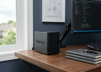 A compact black NAS unit sitting on a clean walnut desk in a home office, representing professional independent data storage solutions.