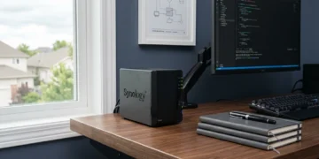 A compact black NAS unit sitting on a clean walnut desk in a home office, representing professional independent data storage solutions.