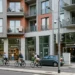 Modern 15 minute city control block with bike lanes and hidden traffic camera